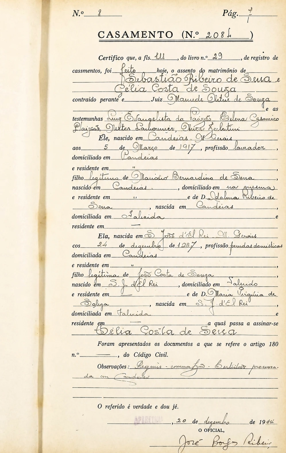 Casamento Sebastião Ribeiro de Sena e Celia Costa de Sena